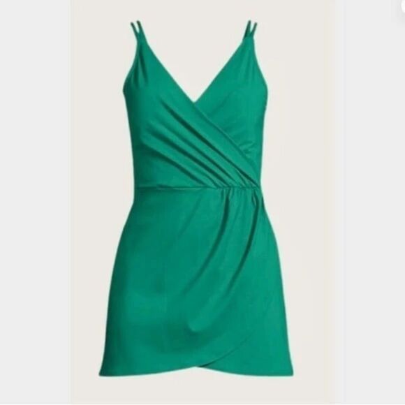 Land's End tulip wrap mini swim dress one piece Emerald Green size large 14-16 - Picture 3 of 6